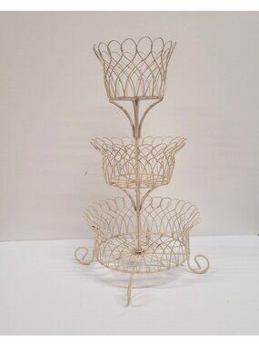 1940s French Style 3-Tier Wire Fruit Egg Basket Metal Cream Color Finish 18''